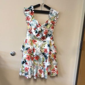 Printed lace tiered off-the-shoulder dress